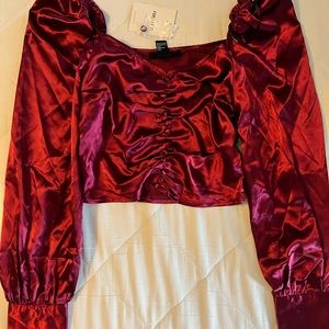 NWT Forever 21 Red Silk Long Sleeve Crop Top (small)
